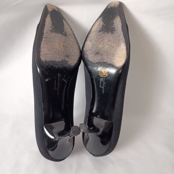 Vintage Ferragamo Black Grosgrain Ribbon Fabric Pumps Women 9.5 AA Bow Heels - Picture 5 of 11